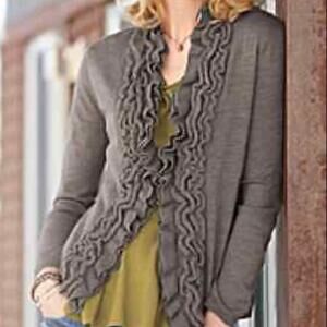 Garnet Hill 100% Merino Wool Tan XL Ruffle Front Single Button Cardigan Sweater